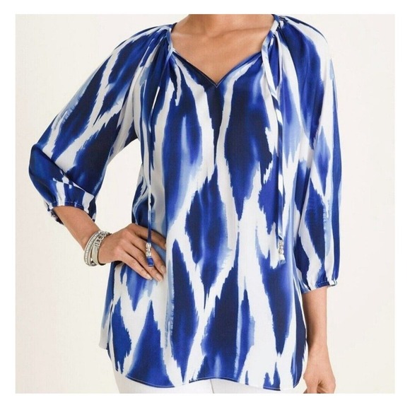 Chico's Watercolor‎ Tie Front Raglan Sleeve Top Size 1 (M) Peasant Boho Prairie - Picture 1 of 14